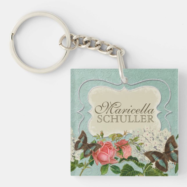 Vintage Rose Stargazer Lily Butterfly in Hydrangea Schlüsselanhänger (Vorderseite)