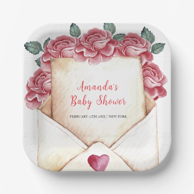 Vintage Rose Sweetheart Letter Kinderdusche Pappteller (Vorderseite)
