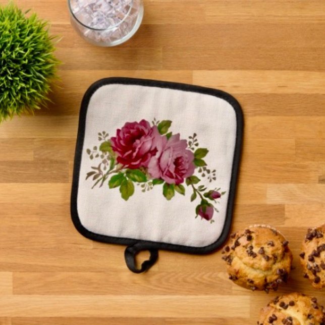 Vintage-Rose  Topflappen (Pot Holder Full rubber protection cover no slip silicon hanging loop. )