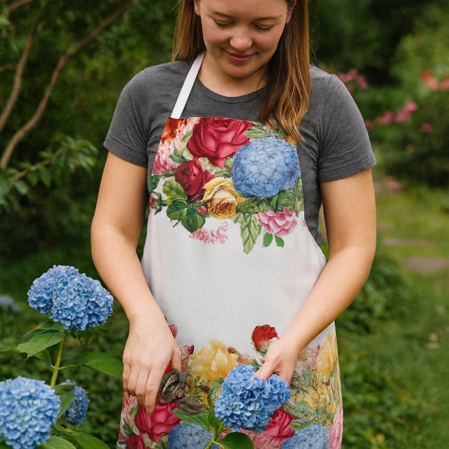Vintage Rose und Blue Hydrangea Blumendruck Schürze (Watercolor Hydrangea apron, perfect for wearing to garden, cut flowers, cook and more )