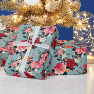 Vintage Rose und Florals auf blauem Hintergrund Geschenkpapier