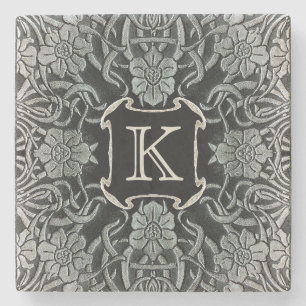 Vintage Rose und Lilien in Schwarz-Monogramm Steinuntersetzer