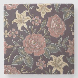 Vintage-Rose und Lilienblüte auf Deep Plum Eleganz Steinuntersetzer