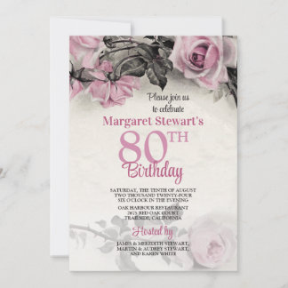 Vintage Rosen 80. Geburtstag Einladung