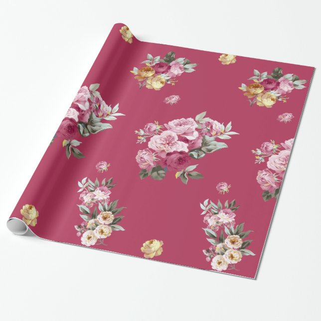 Vintage Rosen auf Rosa Geschenkpapier (Ungerollt)