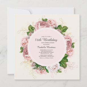 Vintage-Rosen Blassrosa Floral 16. Geburtstag Einladung