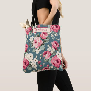 Vintage-Rosen in Rosa auf personalisiertem Tiefbla Tasche