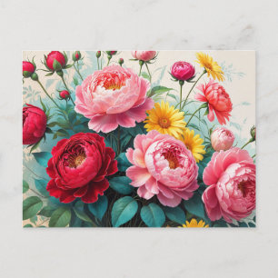 Vintage Rosen, Pfingstrosen-Blumenstrauß Postkarte