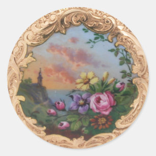 VINTAGE ROSEN UND BLUMEN MIT LANDSCHAFT RUNDER AUFKLEBER