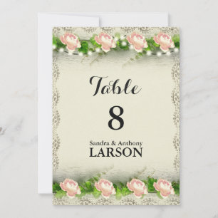 Vintage-Rosen- und Spitzen-Hochzeitstischnummern Einladung