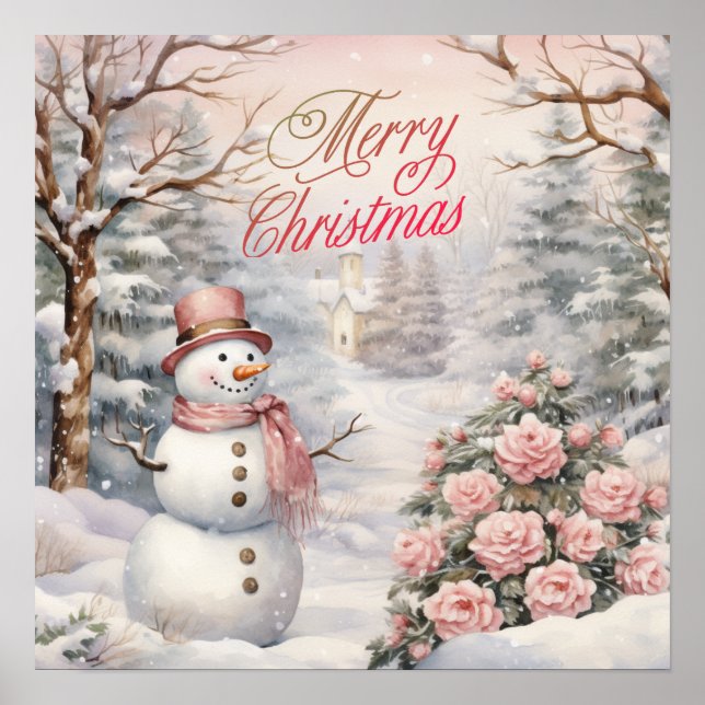 Vintage Rosen, Weihnachtsdorf Snowman Poster (Vorne)