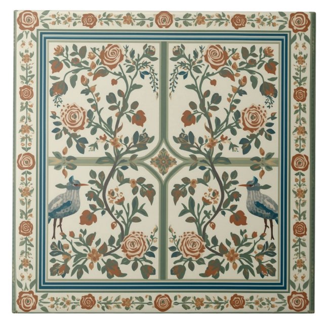 Vintage-Rosengarten-Vogel-Randmuster Fliese (Vorderseite)