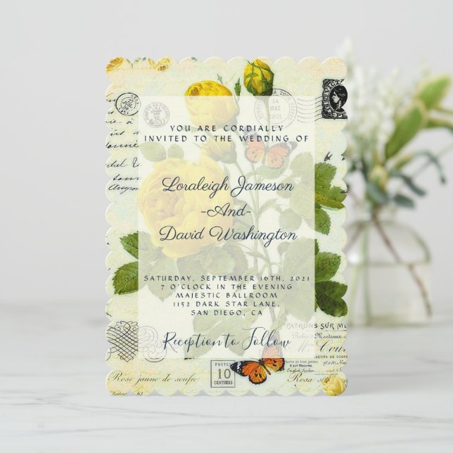 Vintage Rosenhochzeit Einladung (Stehend Vorderseite)