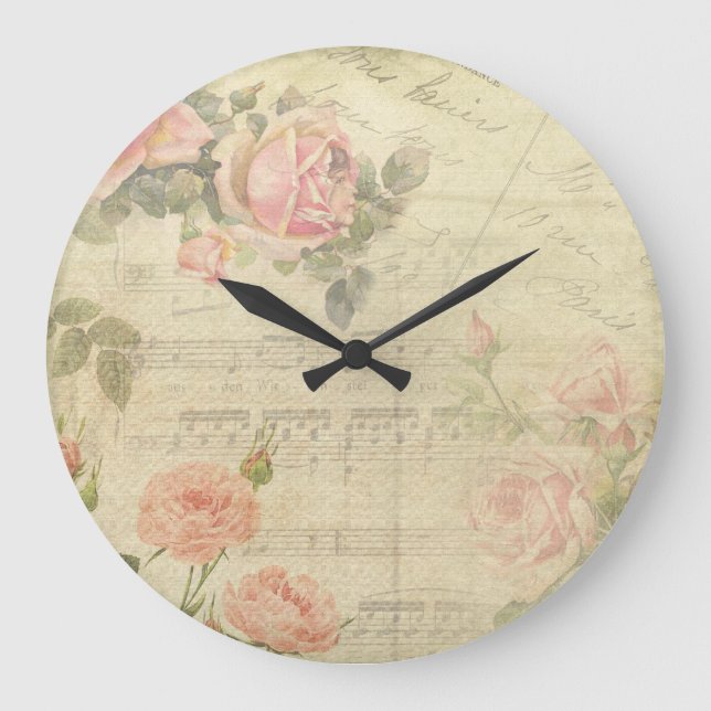Vintage Roses and Music Wall Clock Große Wanduhr (Vorderseite)