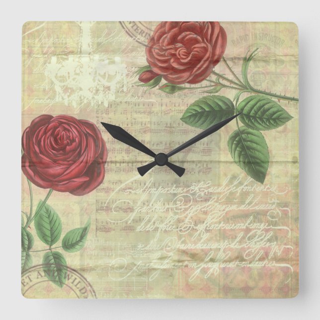 Vintage Roses and Music Wall Clock Quadratische Wanduhr (Vorderseite)