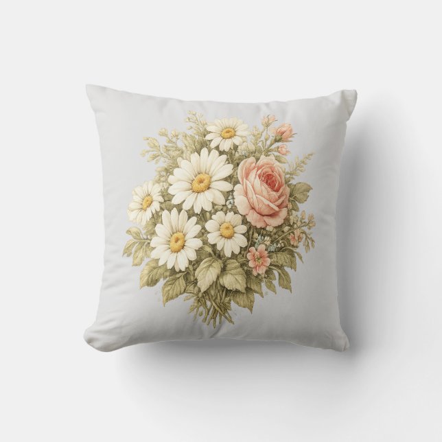 Vintage Roses & Daisies Floral Bouquet  Kissen (Vorderseite)