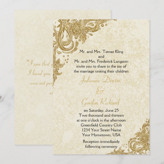 Vintage Rosetten aus Gold bei Cream Wedding Einladung (Vorne/Hinten)