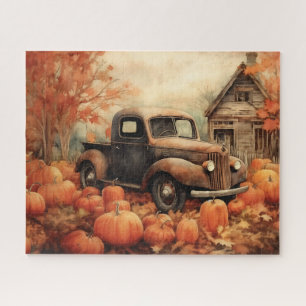 Vintage-Rostiger Pickup und Kürbisse Herbst 16x20
