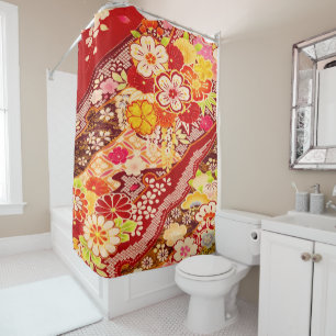 Vintage Rot-Gelb-Blume Kimono Duschvorhang