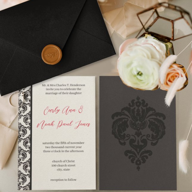 Vintage Rot- und Schwarzdamasehe Einladung (Von Creator hochgeladen)