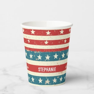 Vintage Rot-, Weiß- und Blaustreifen mit Sternen Pappbecher