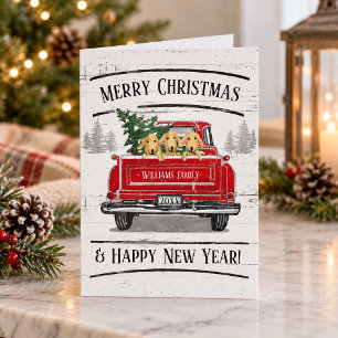Vintage-Rote-LKW-Hunde-Weihnachtsbaum-Familie Feiertagskarte