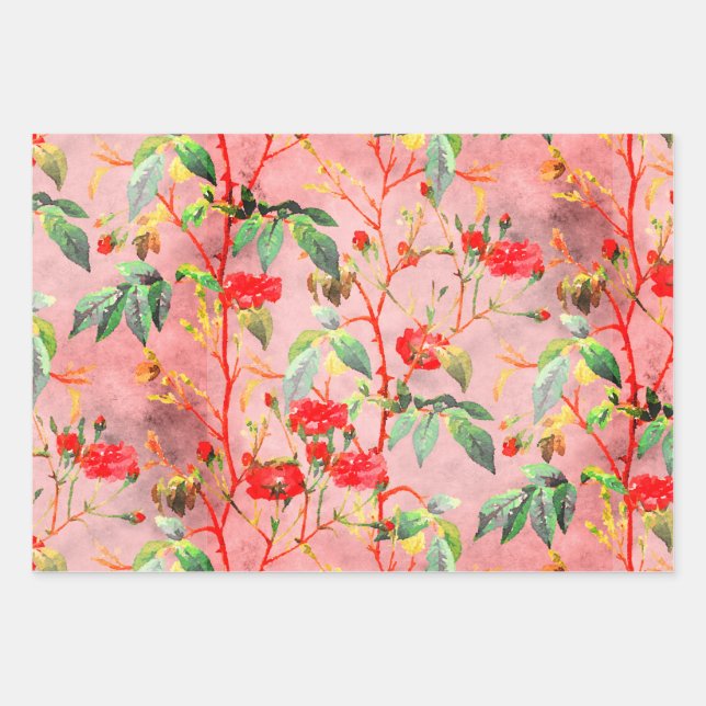 Vintage Rote Rose Blumengarten in Rosa Geschenkpapier Set (Vorderseite)