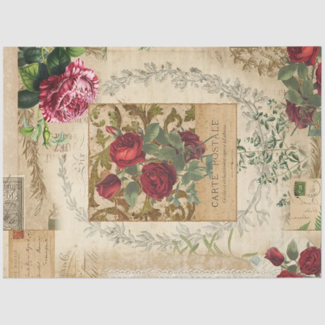 Vintage Rote Rose Blumenschrift Ephemera Decoupage Seidenpapier (Vorderseite)