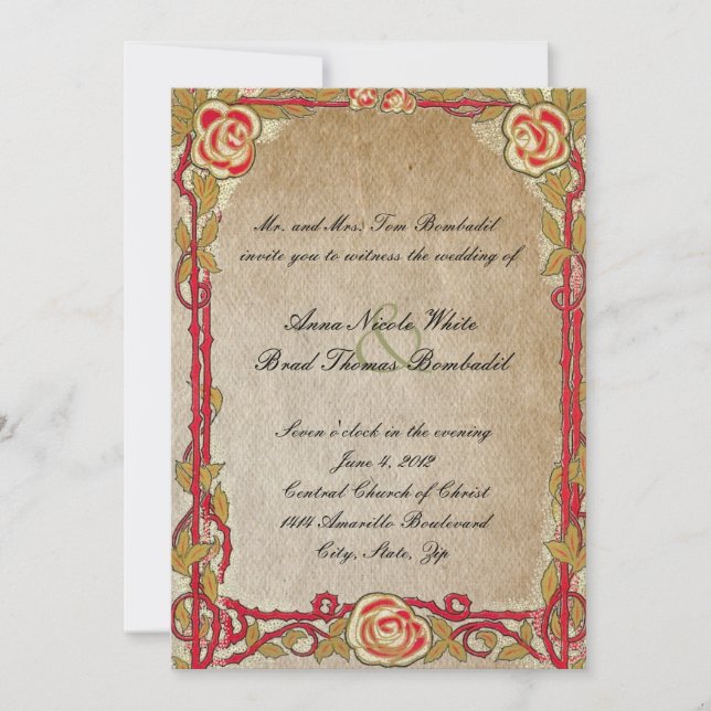 Vintage Rote Rose Einladung zur Hochzeit (Vorderseite)