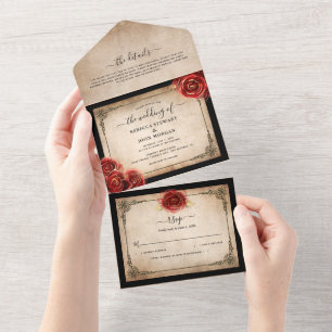 Vintage Rote Rose Gold-Parcheits-Hochzeit All In One Einladung