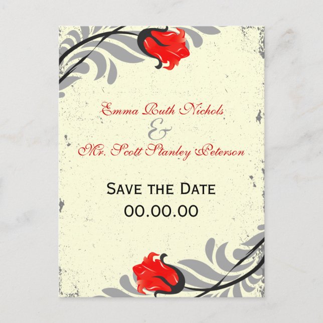 Vintage Rote Rose Grunge Save the Date Postkarte (Vorderseite)
