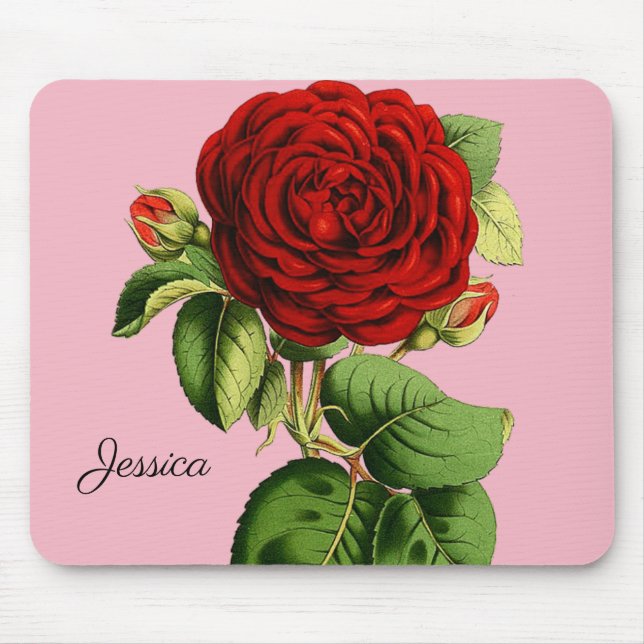 Vintage Rote Rose mit Ihrem Namen Mousepad (Vorne)