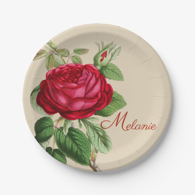 Vintage Rote Rose mit Ihrem Namen Pappteller (Vorderseite)