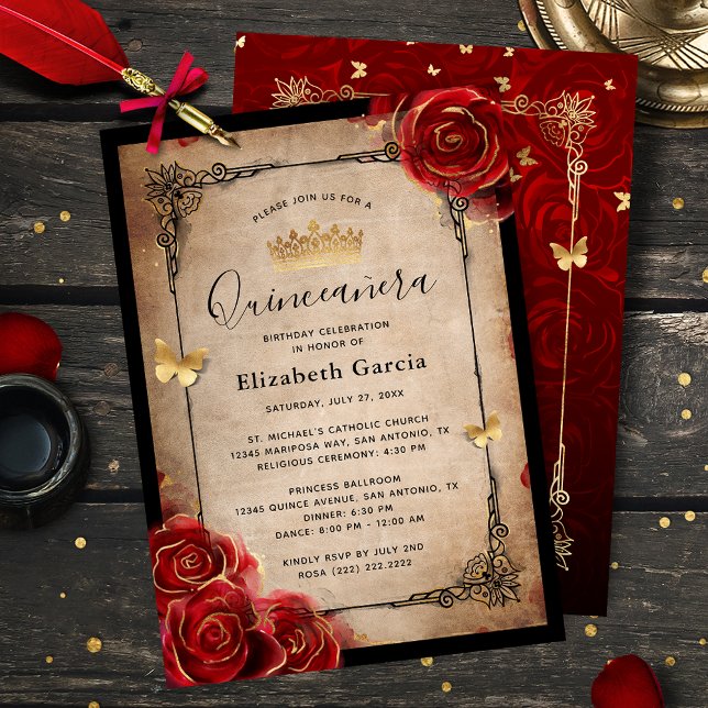 Vintage Rote Rose Schwarzes Gold Einladung (Elegant black, red and gold quinceanera invitations that are easy to personalize.)