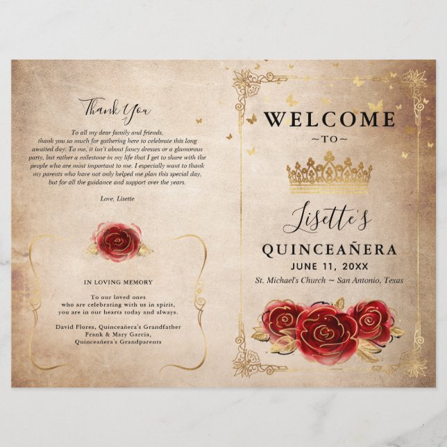 Vintage Rote Rose und Gold-Quinceanera-Programm (Vorderseite)