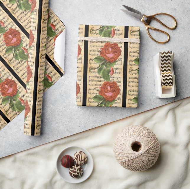 Vintage Rote Rose und Musik Geschenkpapier (Kunsthandwerk)