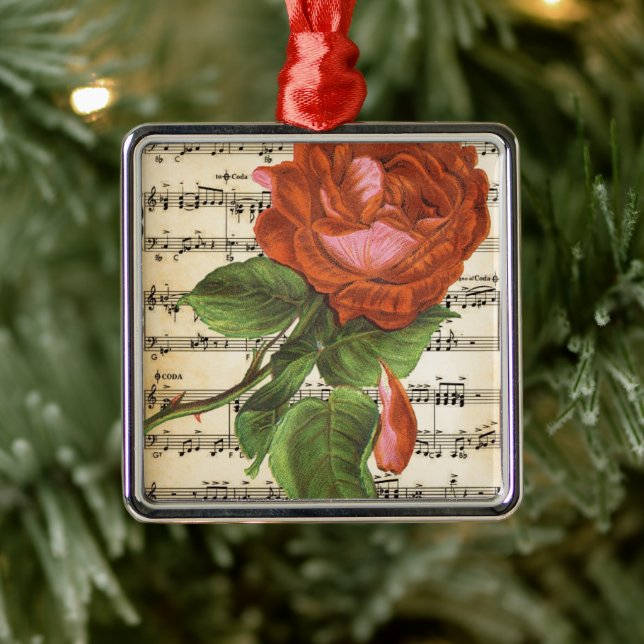 Vintage Rote Rose und Musik Silbernes Ornament (Baum)