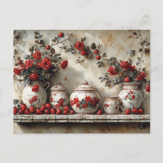 Vintage Rote Rosen aus Holz Erdbeeren Postkarte (Vorderseite)