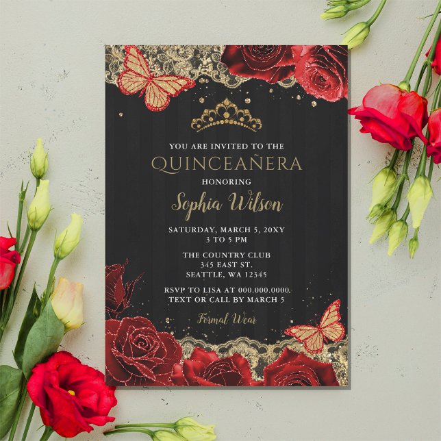 Vintage Rote Rosen Black Gold Lace Quinceñera Einladung (Vintage Red Roses Black Gold Lace Quinceañera Invitatio)