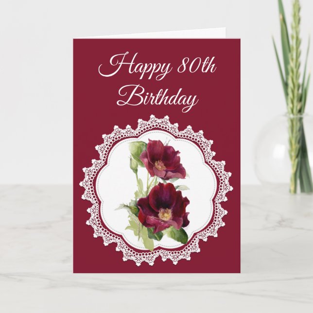 Vintage Rote Rosen Blume 80. Geburtstag Karte (Vorderseite)