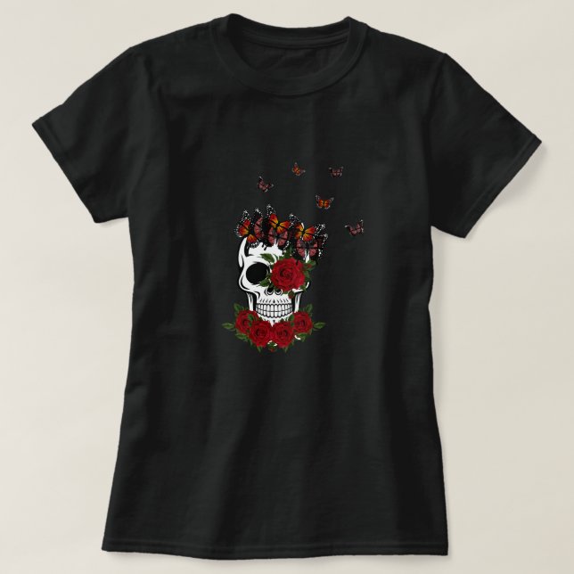 Vintage Rote Rosen Blume und Schmetterlingsschädel T-Shirt (Design vorne)