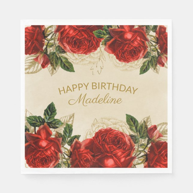 Vintage Rote Rosen glücklich Geburtstagsfrauen Serviette (Vorderseite)