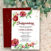 Vintage Rote Rosen Gold Confetti Floral Quinceaner