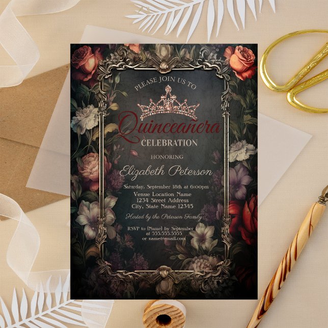 Vintage Rote Rosen Gotische Streifen Quinceañera Einladung (Von Creator hochgeladen)