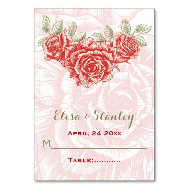 Vintage rote Rosen Hochzeitskarte Tischnummer (Vorderseite)