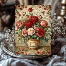Vintage rote Rosen in Shabby mit Retro-Vase