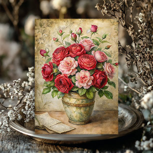 Vintage rote Rosen in Shabby mit Retro-Vase Seidenpapier