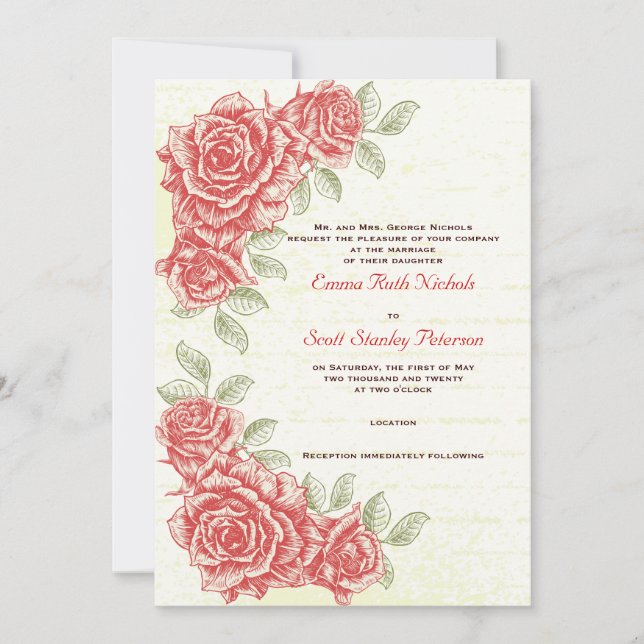 Vintage rote Rosen individuelle Hochzeitseinladung Einladung (Vorderseite)
