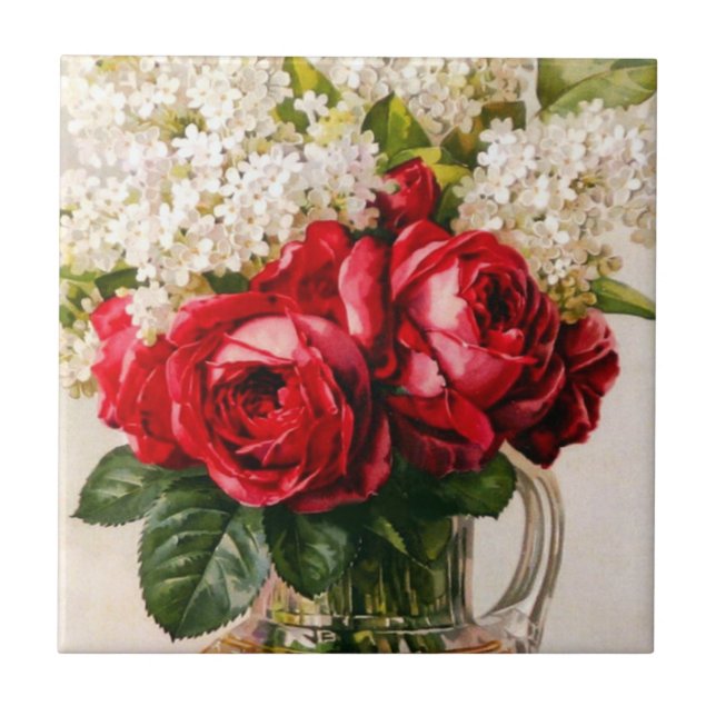 Vintage Rote Rosen und Gipskraut-Fliese Fliese (Vorderseite)