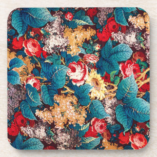 Vintage rote Rosen und lila Blumenmuster Getränkeuntersetzer